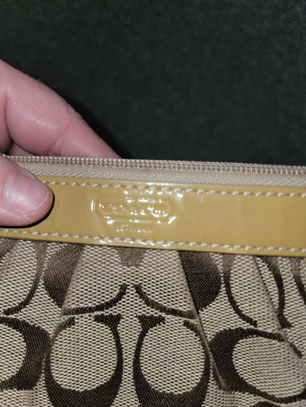 Coach Signature Canvas Wristlet in Beige with Yellow Trim